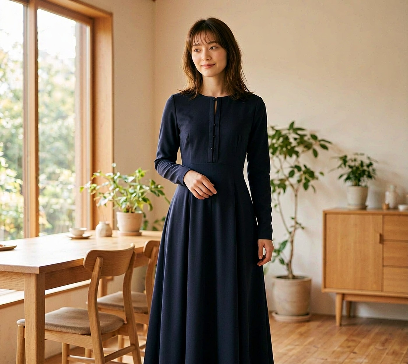 ダブルクレープ きれいめ ロングワンピースの企画イメージ
